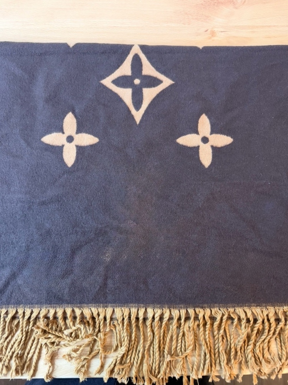 LV Reykjavik scarf wool silk blend brown tan fringe oversized